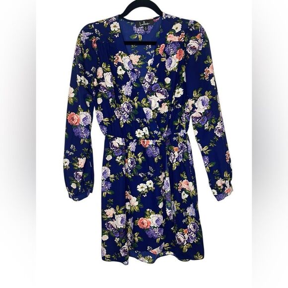 LULU’S NAVY BLUE FLORAL LONG SLEEVE WEDDING GUEST DRESS WOMENS SIZE SMALL - Picture 2 of 8